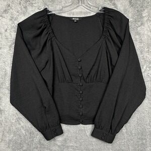 Madewell Blouse Women's Medium Black Check V-Neck Long Sleeve Cropped EUC